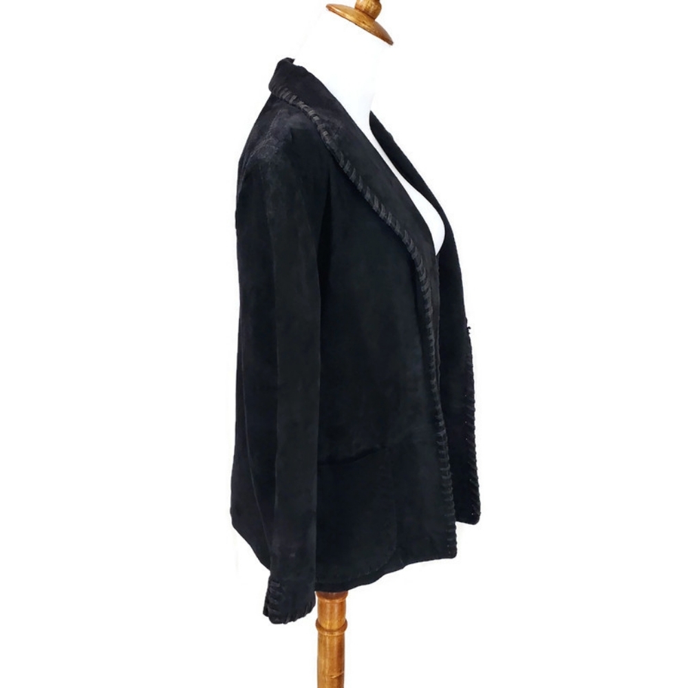 Black Genuine Suede Boho Western Y2K 90's Vintage Leather Jacket Blazer Coat - Picture 5 of 13